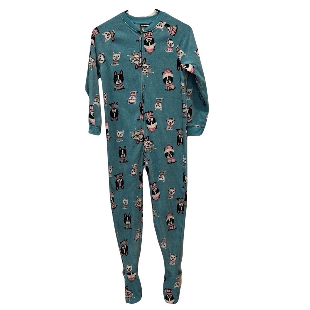 Joe Boxer Kids Teal French Bulldog Fleece Footed Pajamas Size M 7/8 Zip Front